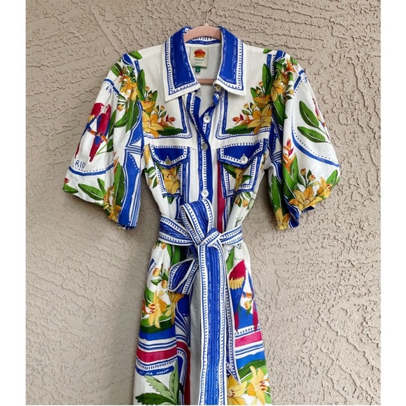 FARM RIO Blue White Tropical Floral Print Puff Sleeve Belted Linen Midi
Dress - Picture 4 of 5